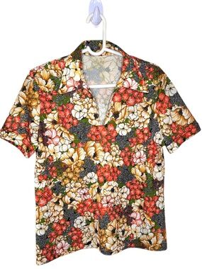 Vintage Floral  Camp Shirt Women's XL Retro Cottagecore Garden Blouse